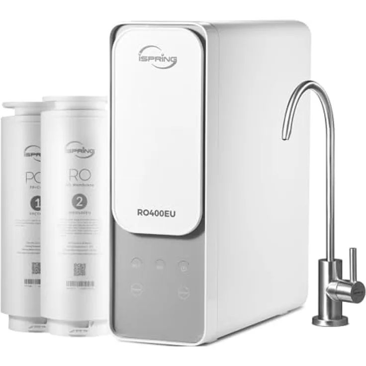 iSpring RO400EU, tanklose Umkehrosmoseanlage mit 400 GPD, 4-Stufen-Filtertechnologie, platzsparendes Design, intelligente Filterüberwachung