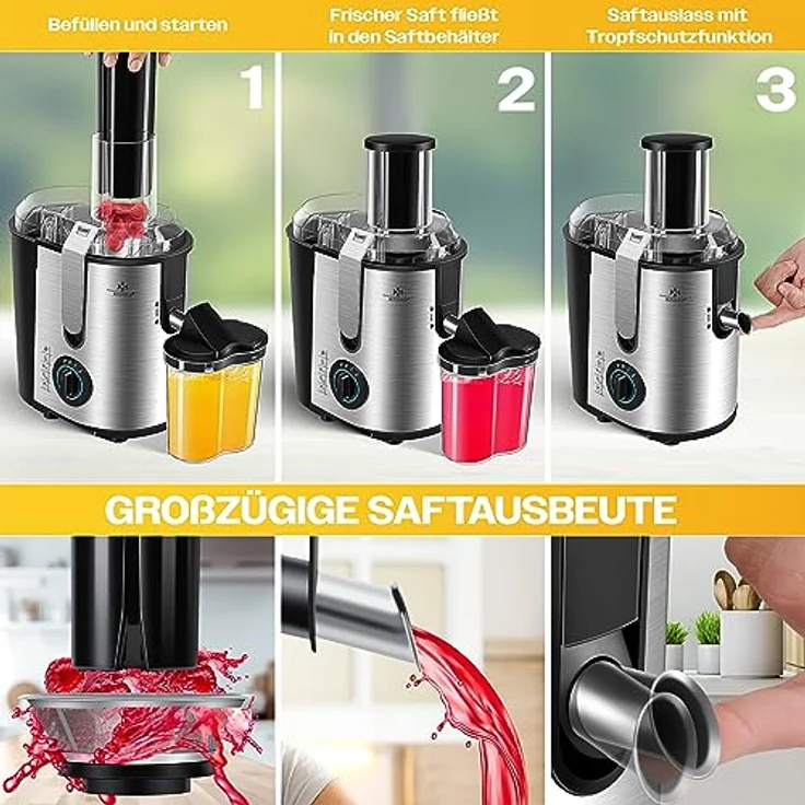 KESSER S030M0384A1P2 Entsafter für Obst und Gemüse, 1100W, große 85 mm Einfüllöffnung, inkl. Reinigungsbürste und Saftbehälter, 3 Geschwindigkeitsstufen, aus Edelstahl, silber – Bild 3