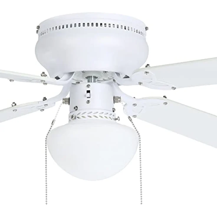 EGLO Deckenventilator Cagliari, 4 Flügel Ventilator mit Zugkette, Beleuchtung und Sommer Winter Betrieb, Holz, Stahl in weiß matt und Glas in weiß, AC Motor, Ø 106,6cm – Bild 3