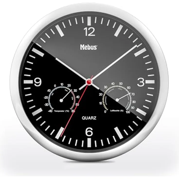 Mebus Quarz-Wanduhr mit Thermometer und Hygrometer/silberner Rahmen/schwarzes Zifferblatt/25cm Durchmesser/Rund/Modell 56731/Silber, Schwarz