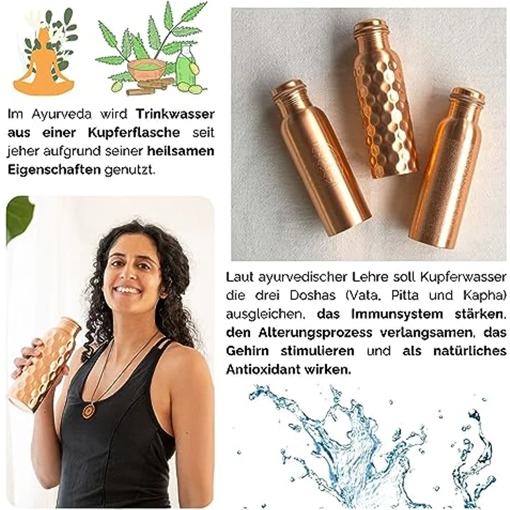 Bodhi Kupferflasche | Ayurveda Trinkflasche aus reinem Kupfer | Flasche mit Design Veredelung | Volumen: 800 ml | Wasserflasche mit Drehverschluss & Silikon-Dichtung | Diamant-Design, gehämmert – Bild 4