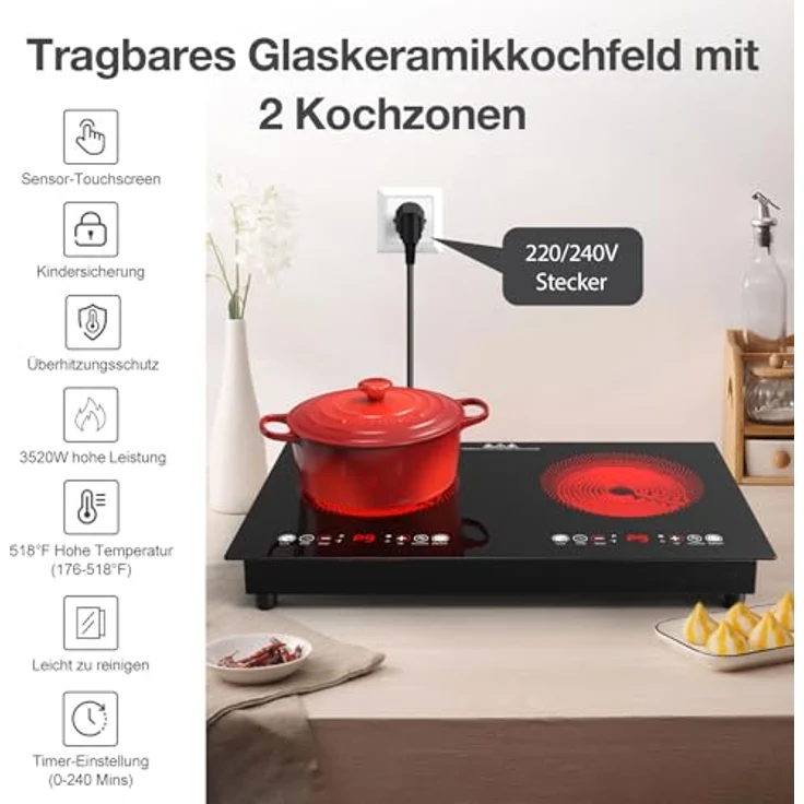 VBGK Glaskeramik Kochfeld 2-Flammen, tragbare Elektroherdplatte mit LED-Touch-Steuerung, 9 Leistungsstufen, 3-Stunden-Timer, Sicherheitsverriegelung, Restwärmeanzeige, schwarz: Tests, Infos & Preisvergleich