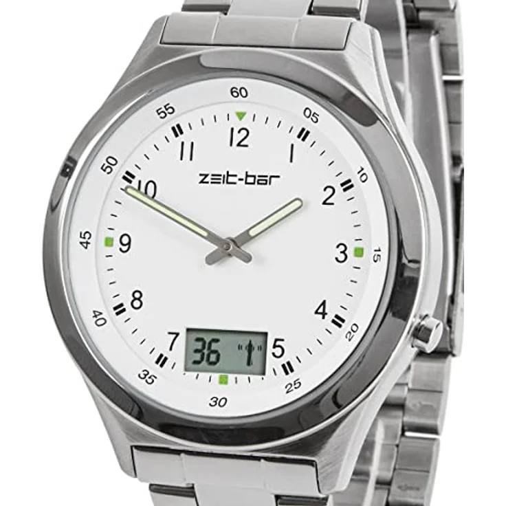 Zeit-Bar Funk-Armbanduhr Herren, mit Datums- und Sekundenanzeige, Edelstahlgehäuse und LCD-Anzeige – Bild 5