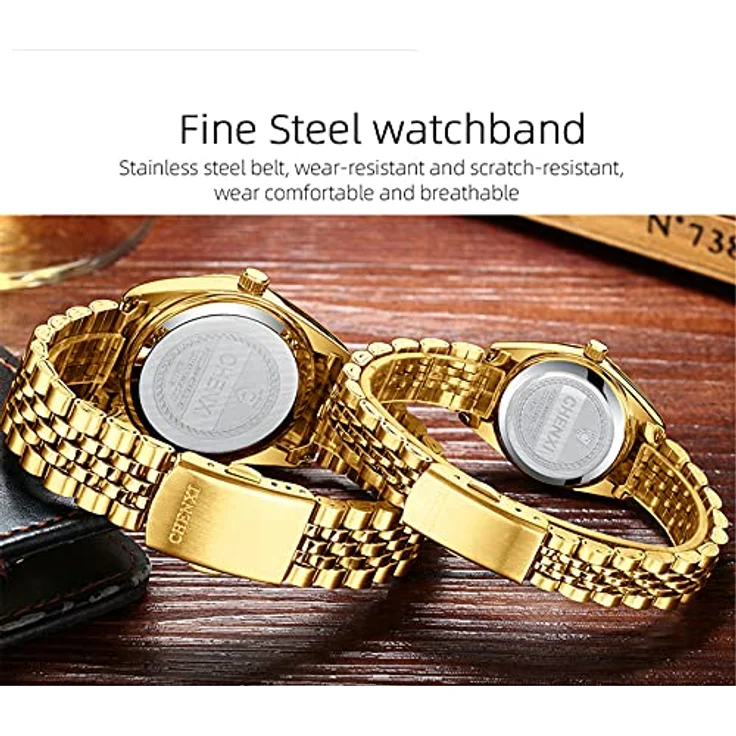 JewelryWe 2pcs Paar Uhren Quarz Analog Armbanduhr mit Beleuchtenden Zeigern und Strass, Edelstahl, Wasserdicht, Gold, Pärchen Geschenk für Herren und Damen – Bild 5