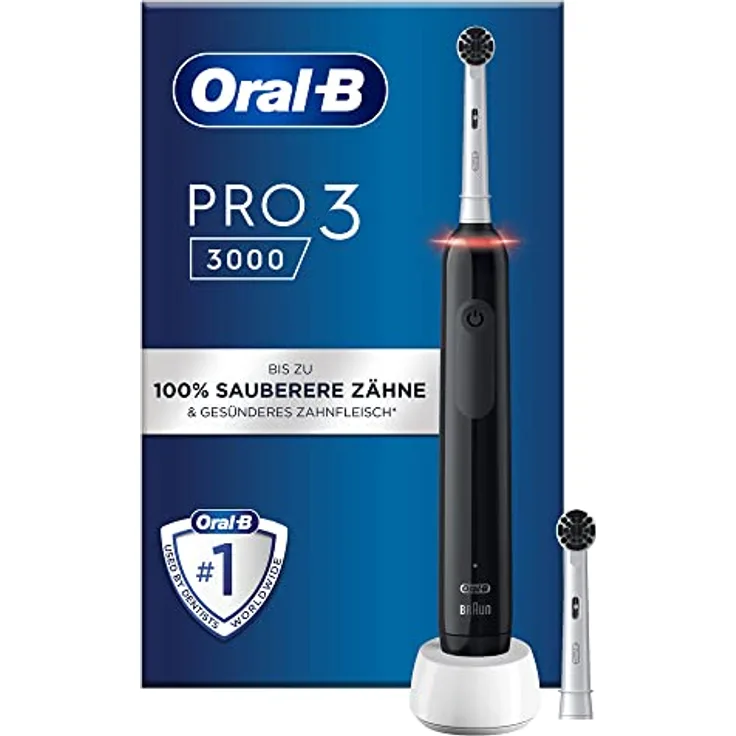 Oral-B Pro 3 3000 Pure Clean Elektrische Zahnbürste/Electric Toothbrush, 2 Aufsteckbürsten, 3 Putzmodi & visueller 360° Andruckkontrolle für Zahnpflege, Aktivkohle Borsten, Designed by Braun, schwarz