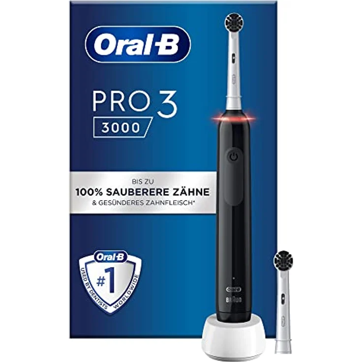 Oral-B Pro 3 3000 Pure Clean Elektrische Zahnbürste/Electric Toothbrush, 2 Aufsteckbürsten, 3 Putzmodi & visueller 360° Andruckkontrolle für Zahnpflege, Aktivkohle Borsten, Designed by Braun, schwarz – Bild 1