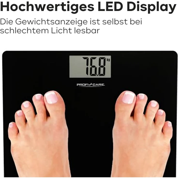 ProfiCare® Waage Personen mit Glasoberfläche | Körperwaage mit Messbereich 5-180 kg & großem LCD-Display | Personenwaage mit Step-On-Automatik | Waage Personenwaage digital | PC-PW 3122 schwarz – Bild 4