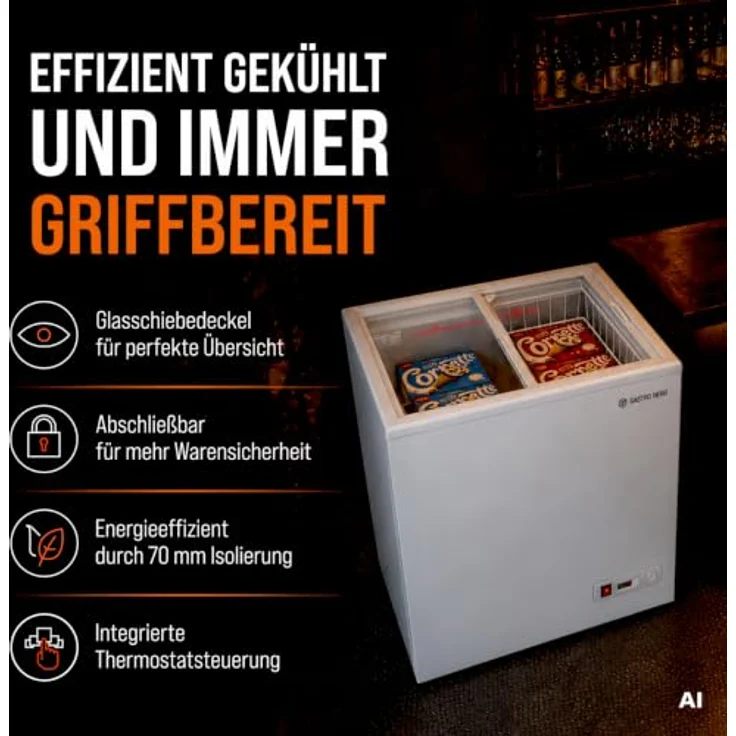 GASTROHERO Tiefkühltruhe ECO 100, 97 Liter mit Glasschiebedeckel und abschließbar, -18 bis -22 °C, geräuscharme statische Kühlung – Bild 3