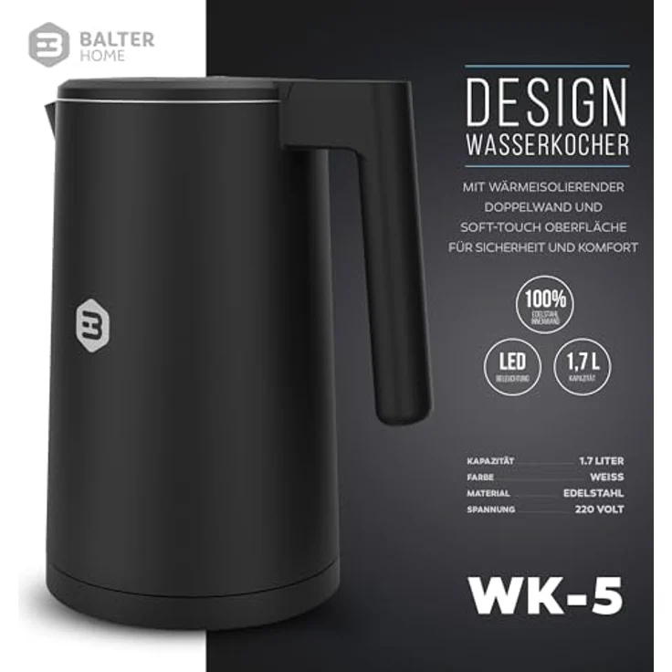 Balter Edelstahl Wasserkocher WK-5-Touch mit Temperatureinstellung, 40°C-100°C, Doppelwand, BPA frei, 1,7L, Schwarz – Bild 2