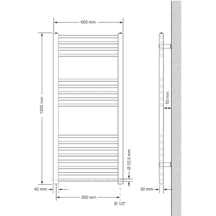 LuxeBath Badheizkörper Sahara 600x1200 mm, Schwarz matt, gerader Designheizkörper mit Seitenanschluss, Handtuchwärmer und Trockner für Badezimmer – Bild 2