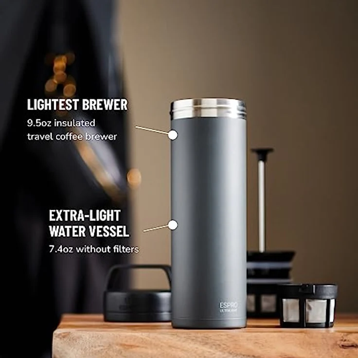 ESPRO Reise French Press Ultralight, Mini Coffee Maker mit Thermo-Funktion, 475ml, grau – Bild 3