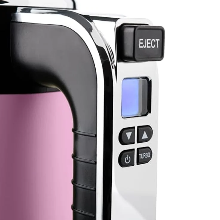 Westinghouse Retro Handmixer, 5 Geschwindigkeitsstufen + Turbofunktion, 2 Rührbesen, 2 Knethaken, LCD-Anzeige, Timer, Sockelboden, Aufbewahrungstasche, 350 Watt, pink – Bild 3