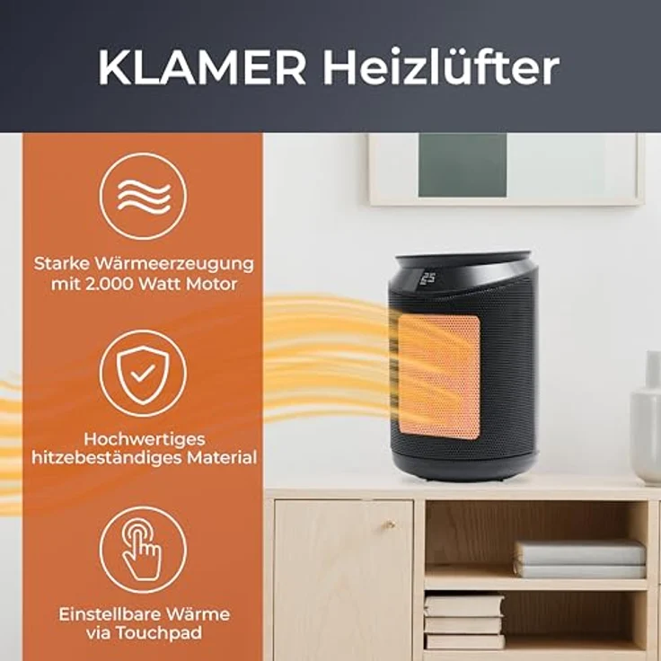KLAMER Heizlüfter 2000 W, PTC Keramik Heizlüfter energiesparend, 3 Heizstufen inkl. Eco, 9 Std Timer, Kippschutz, Thermosicherung, Überhitzungsschutz – Bild 2