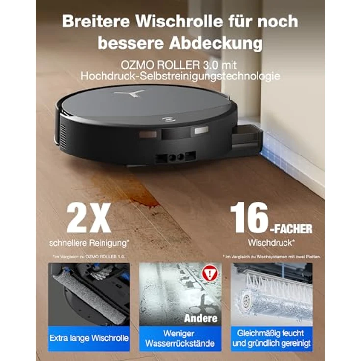 ECOVACS DEEBOT T90 PRO Omni Saugroboter mit Wischfunktion, 30.000 Pa Saugleistung, Schnellladen, OZMO Roller 3.0, automatischer Reinigungslösungsdosierung, Schwarz – Bild 2