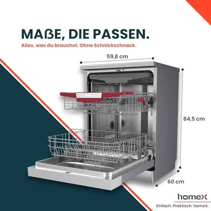 homeX DWFS601444C-S Geschirrspüler 60 cm, freistehend mit 14 Maßgedecken, 7 Programmen, AquaStop, 44 dB, unterbaufähig – Bild 5