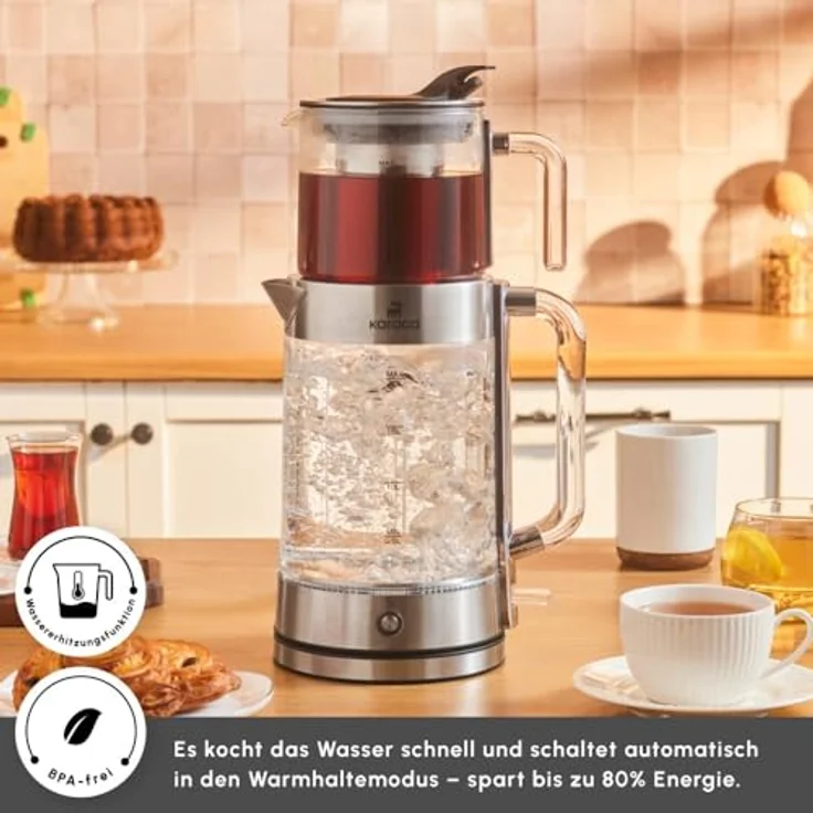 Karaca Luma Glas-Teemaschine, 2200W mit 0,8L Teekanne & 2L Wasserkocher, Warmhaltefunktion, LED-Beleuchtung, für 30 Gläser/13 Tassen, elegantes Glasdesign mit Griffen – Bild 4