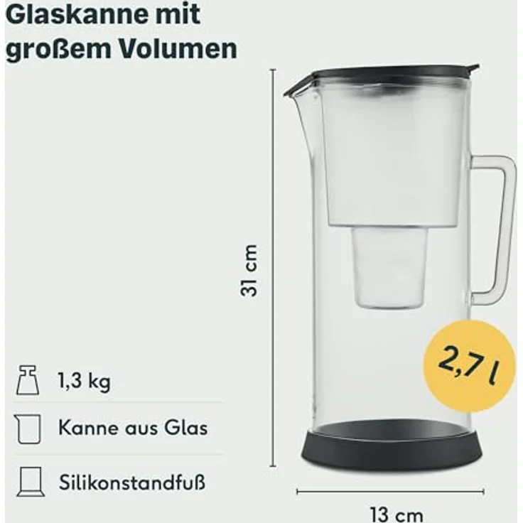 SILBERTHAL Wasserfilter Glas Karaffe 2,7 Liter - Effizientes 4-stufiges Filtersystem - Kompatibel mit Maxtra - Reduziert Kalk und Chlor - hitzebeständiges Borosilikatglas - blau – Bild 3