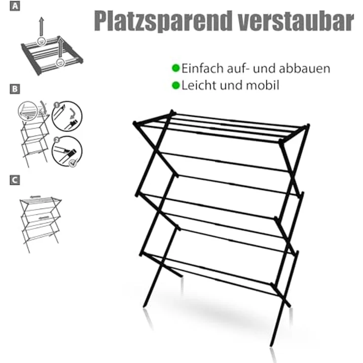 BigDean Wäscheständer platzsparend Schwarz - Teleskopfunktion & 6 Ebenen, 5 bis 10m Trockenlänge – Bild 5