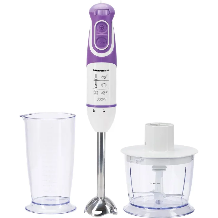 Heinner Charm HB-600UV, Vertikaler Mixer mit 600 W, 5 Geschwindigkeitsstufen, Turbo-Funktion, Schneebesen und Zerkleinerer, Weiß/Lila