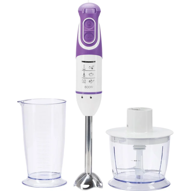 Heinner Charm HB-600UV, Vertikaler Mixer mit 600 W, 5 Geschwindigkeitsstufen, Turbo-Funktion, Schneebesen und Zerkleinerer, Weiß/Lila