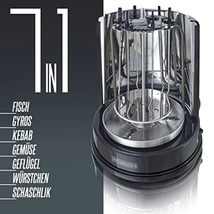Heinrich´s Dönergrill, Schaschlikgrill, Rotissiere Hähnchengrill, Gyros Kebab, 1400 Watt, Drehspieß, aus Edelstahl, inkl. 6 Schaschlikspieße, silber, schwarz – Bild 2