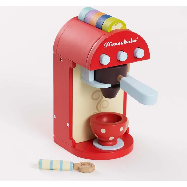 Le Toy Van TV299, Spielzeug-Espressomaschine mit 5 farbigen Pads, ausziehbarem Arm und Zubehör für Kinder ab 2 Jahren