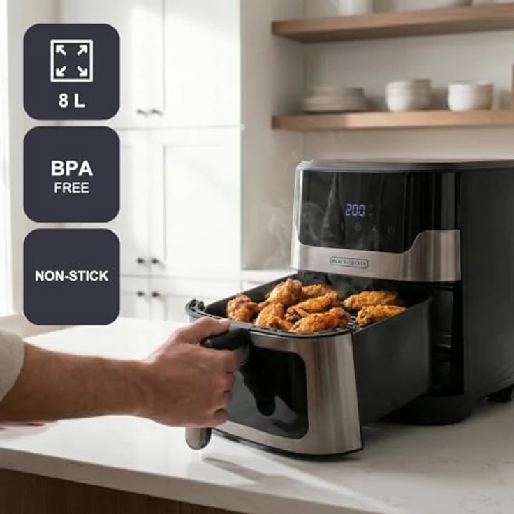 Black+Decker Bxaf8001e Heißluftfritteuse, 1700 Watt, digitaler Touchscreen, 8 Automatikprogramme, ölfreies Kochen, Sichtfenster, EU Plug 220V – Bild 4