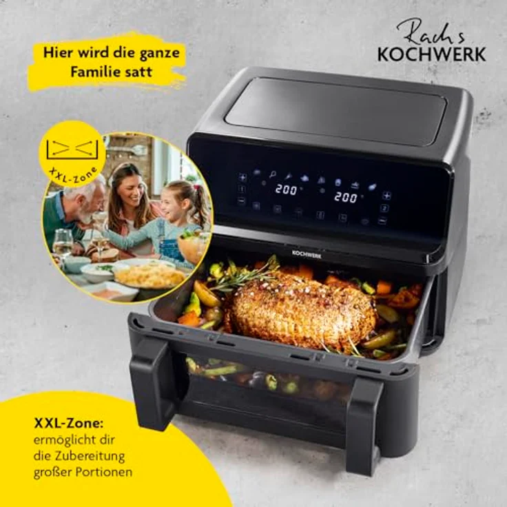 KOCHWERK Vario-Doppelkammer Heißluftfritteuse 9 L | Airfryer mit teilbarer Kammer, Touchscreen & 8 Programmen | Frittieren ohne Öl - fettarm | 2700 W Smart-Cook Funktion, Silber – Bild 5
