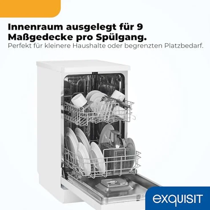 Exquisit GSP9109-450D, Geschirrspüler für 9 Maßgedecke, 4 Programme, Eco 10 L, Startzeitvorwahl, Aquastop, weiß – Bild 6