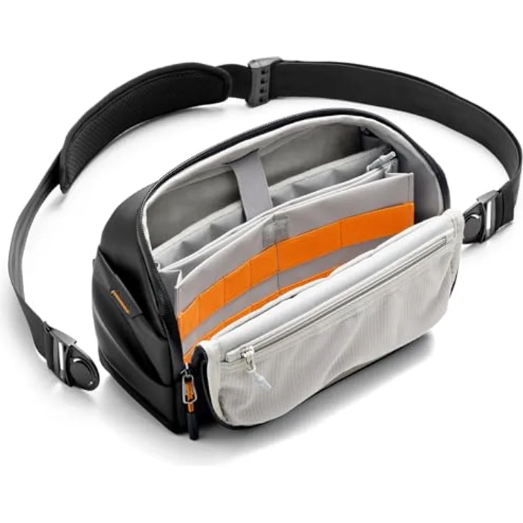 Inateck Crossbody Organizer Bag, spritzwassergeschützte Umhängetasche mit 135° Öffnungsdesign, schwarz