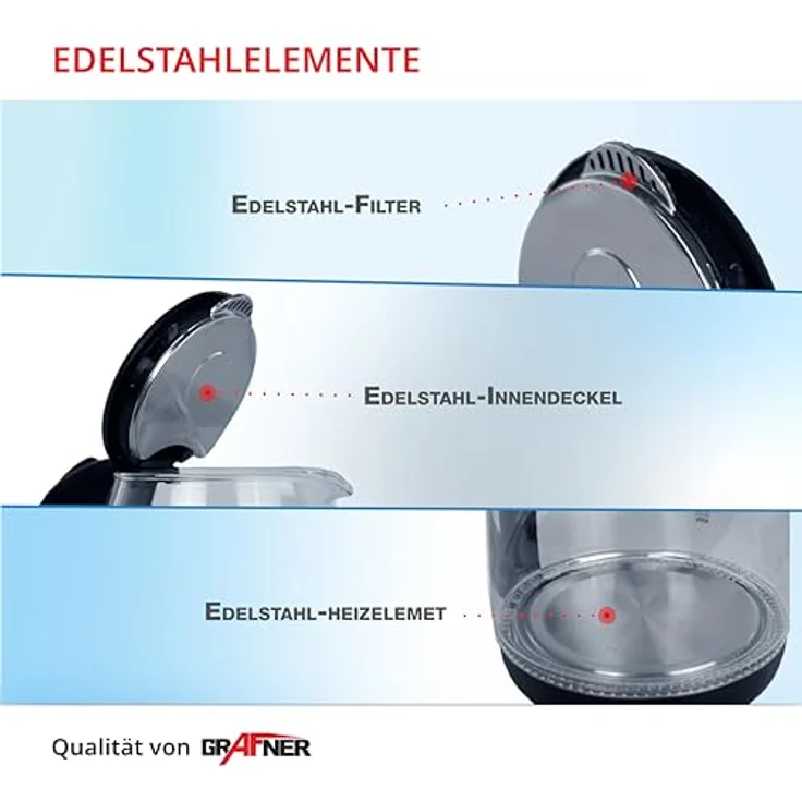 Grafner Design Glas Wasserkocher 1,8 Liter, 1800 Watt, mit blauer LED Beleuchtung, Trockenlaufschutz, BPA-frei, 360° Basis, Edelstahl Heizelement, Cool-Touch Griff, Überhitzungsschutz, schwarz – Bild 2