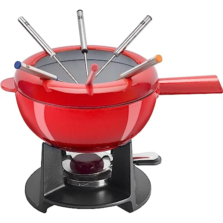 Zwilling Cherry Emaille Gusseisen Pfanne Schweizer Fondue Set für geschmolzenen Käse 6 Edelstahl Gabeln Schokoladenschmelztopf Spritzschutz für alle Herdarten Speisenwärmer 40201-002