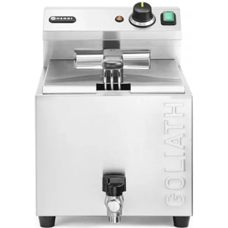 HENDI Fritteuse XL GOLIATH, 10L, 400V/10,2kW, mit Ablasshahn, Frittierkorb und Deckel, Temperaturbereich 50°-190°C, Edelstahl, Kaltzone