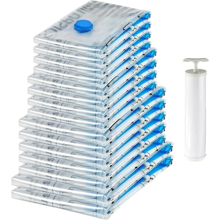 Amazon Basics Vakuumbeutel für Kleidung, 15er-Pack mit Luftdichtem Ventil und Handpumpe, inkl. 2 x X-Jumbo, 5 x Jumbo, 4 x Groß, 4 x Mittelgroß, Transparent – Bild 1