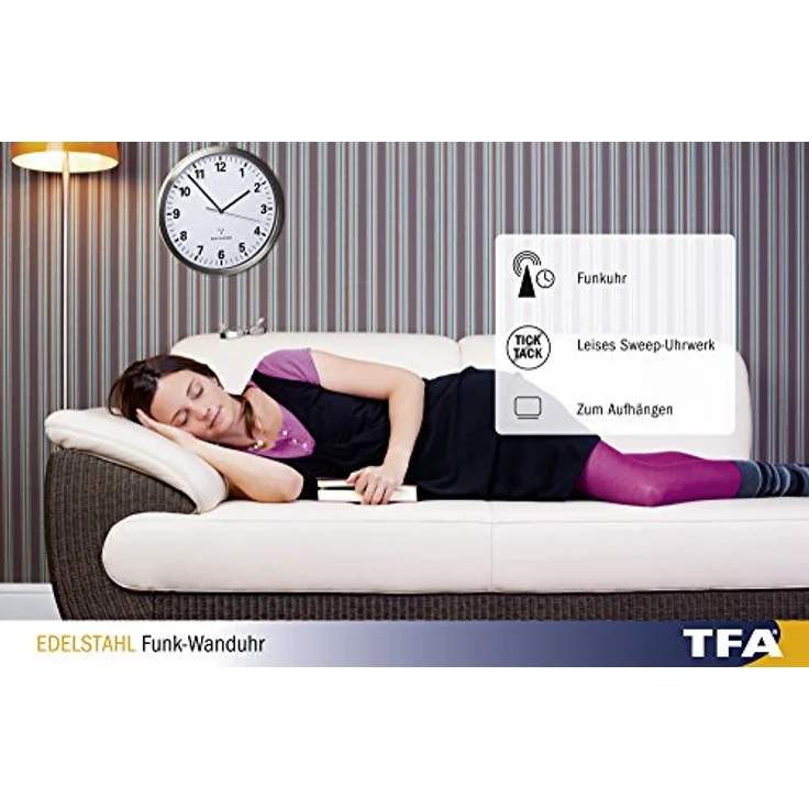 TFA Dostmann Analoge Wanduhr Funk, mit Edelstahl Rahmen, groß, 30cm Durchmesser, weiß, 60.3523 – Bild 3