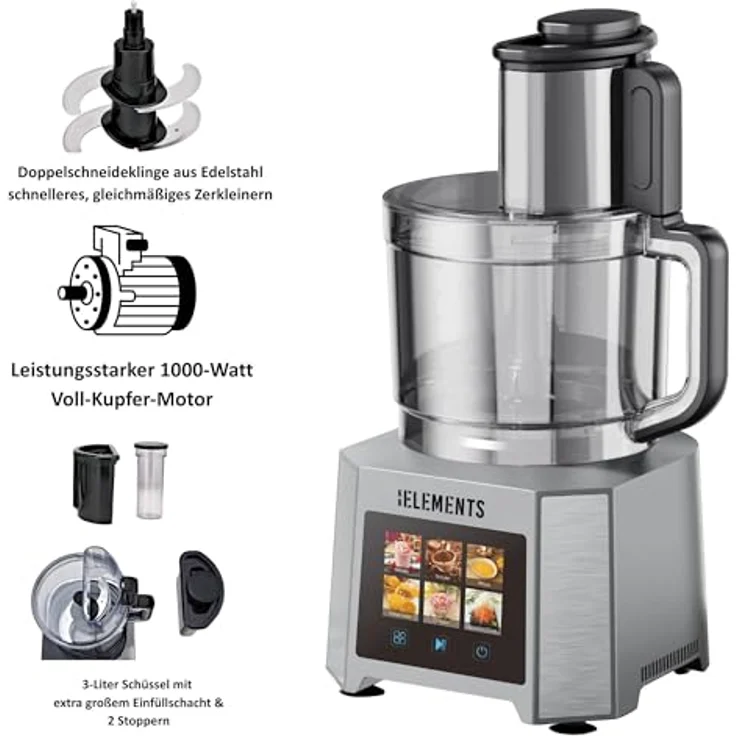 KB ELEMENTS Küchenmaschine - Mixer & Gemüseschneider, 1000W Vollkupfermotor, Full Touch Display, 3L Edelstahlbehälter, Doppelschneideklinge – Bild 3