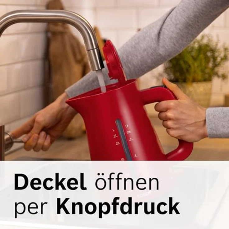 Bosch kabelloser Wasserkocher My Moment TWK3M124, Abschaltautomatik, Überhitzungsschutz, Tassenanzeige, beidseitige Wasserstandsanzeige, entnehmbarer Kalkfilter, 1,7 L, 2400 W, Rot matt – Bild 5