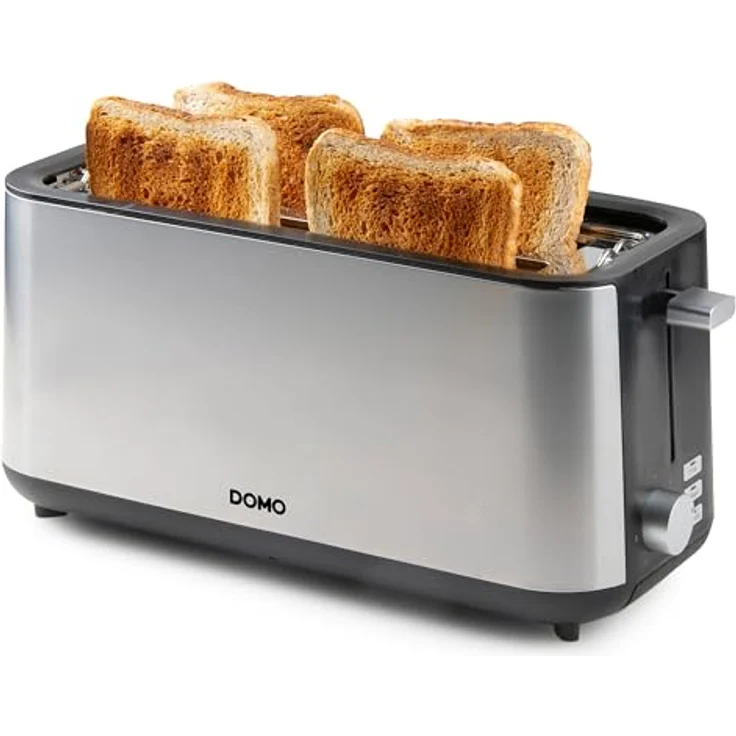 DOMO DO967T Toaster Langschlitz - für 4 Toasts - mit eingebautem Brötchenaufsatz - 1350 W, Silber/Schwarz – Bild 1