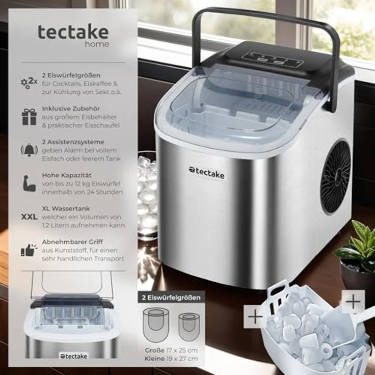 tectake® Eiswürfelmaschine, Ice Maker, Eiswürfelbereiter mit 2 Eiswürfelform für kleine und große Würfel, silber – Bild 2