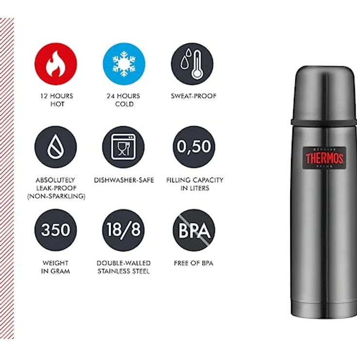 THERMOS 4019.218.050 Thermosflasche Light & Compact, Edelstahl Cool Grey 0,5 l, Spülmaschinenfest, 12 Stunen heiß, 24 Stunden kalt – Bild 6
