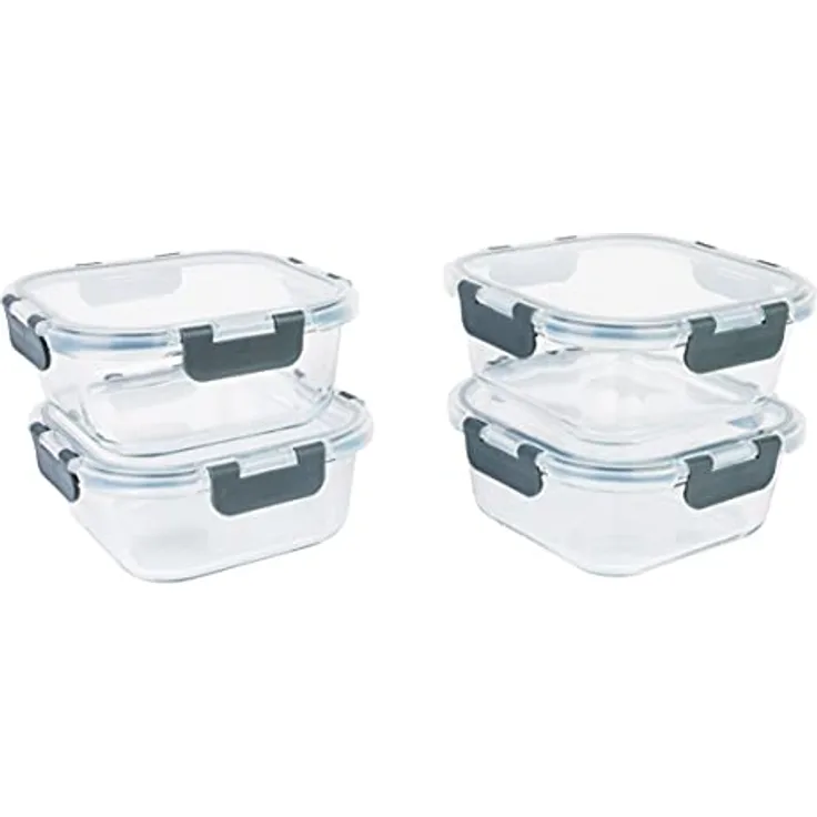Axentia 4-tlg Glas-Frischhaltedosen Set, quadratisch, 4 x 800 ml, 17 x 8 x 17 cm, wasser-/luftdichter Kunststoff-Deckel m. Dichtungsring