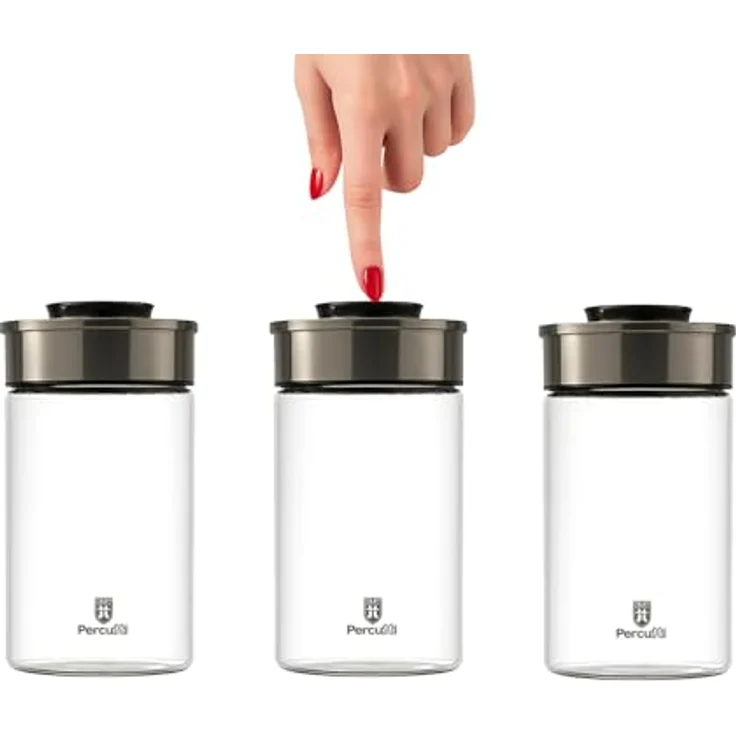 BURI Vorratsglas Vakuumglas 3er Set 1300ml | Luftdicht, mottensicher, Edelstahl Deckel, Vakuum Klick-Mechanismus, spülmaschinenfest, stapelbar – Bild 1