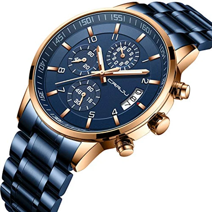 CRRJU Herren Chronograph Armbanduhr, wasserdicht, Edelstahlarmband, analoges Quarzwerk mit Kalender, blau – Bild 2