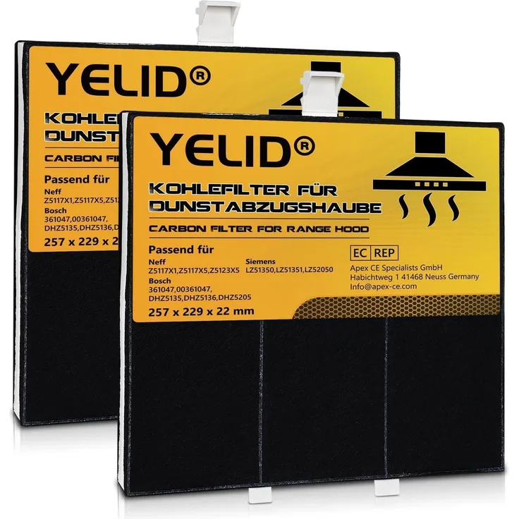 YELID Aktivkohlefilter Dunstabzugshaube, 2 Stück, 257 x 225 x 22 mm, hochwirksame Geruchsbeseitigung, kompatibel mit Bosch Siemens Neff