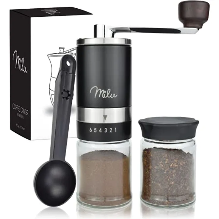 Milu Manuelle Kaffeemühle Handkaffeemühle mit Keramik Mahlwerk I 6 Stufen Mahlgradeinstellung I Espressomühle I – mit Löffel & Bürste (Schwarz)