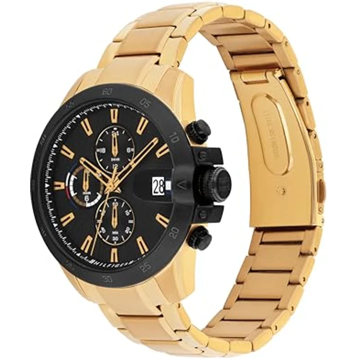 Tommy Hilfiger 1792199, Herren Armbanduhr mit Dual-Time-Funktion, goldfarbenem Edelstahlarmband und schwarzem Zifferblatt, 43mm, 5 ATM wasserdicht – Bild 2