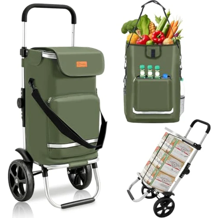 Sekey Einkaufstrolley 3-in-1 mit Kühlfach und Spanngurt, faltbarer Einkaufswagen, 42L, bis 35kg, grün – Bild 1