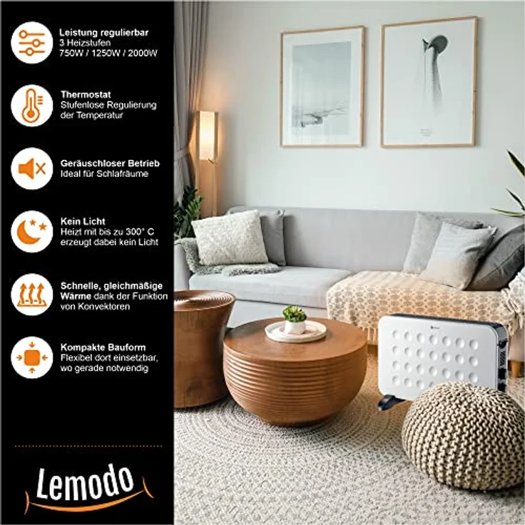 Nativ LEMODO mobile Elektroheizung - energiesparende Konvektor Heizung - Elektrische Heizung mit 3 Leistungsstufen - robuster Elektroheizkörper (750W / 1.250W / 2.000W) - weiß – Bild 5