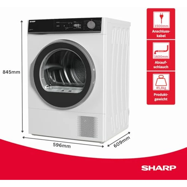 SHARP KD-NHA7S6GW1D-DE Wärmepumpentrockner mit 7 kg Kapazität, 15 Trockenprogrammen und Edelstahltrommel, Weiß – Bild 2