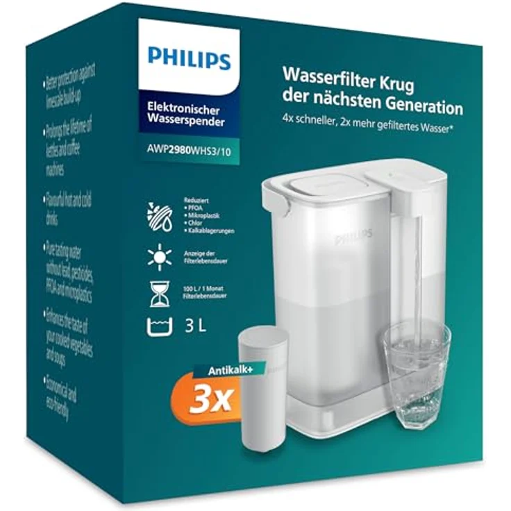 Philips Instant-Wasserfilter-Kanne (3 L) – Antikalk+ Filtration, reduziert Kalk & Chlor, digitale Filteranzeige, USB-C aufladbar – Bild 1